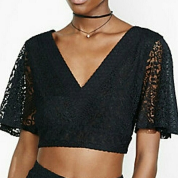 Black Lace Open Tie Back Crop Top - Picture 2 of 6